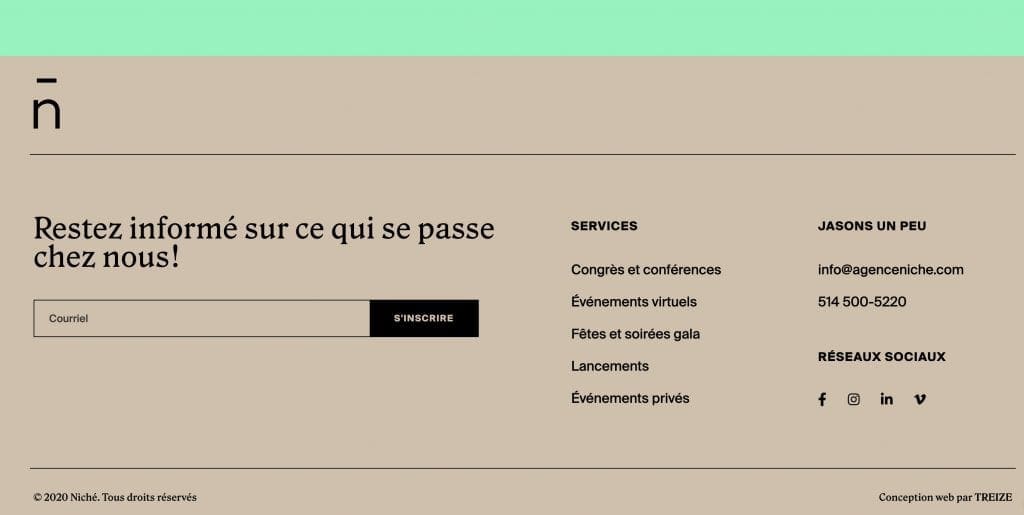 Pied de page du site web de l'agence Niché