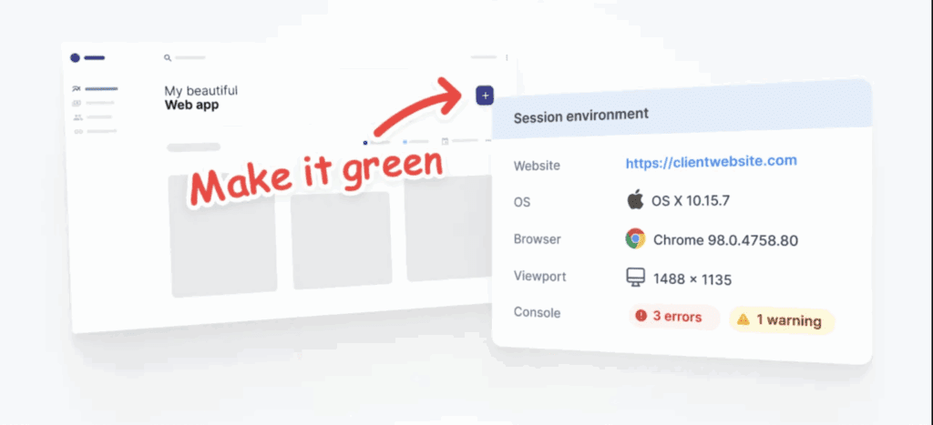Marker.io user interface with an annotation requesting to change an element to green, and a panel displaying session details, including the operating system, browser, and console errors.