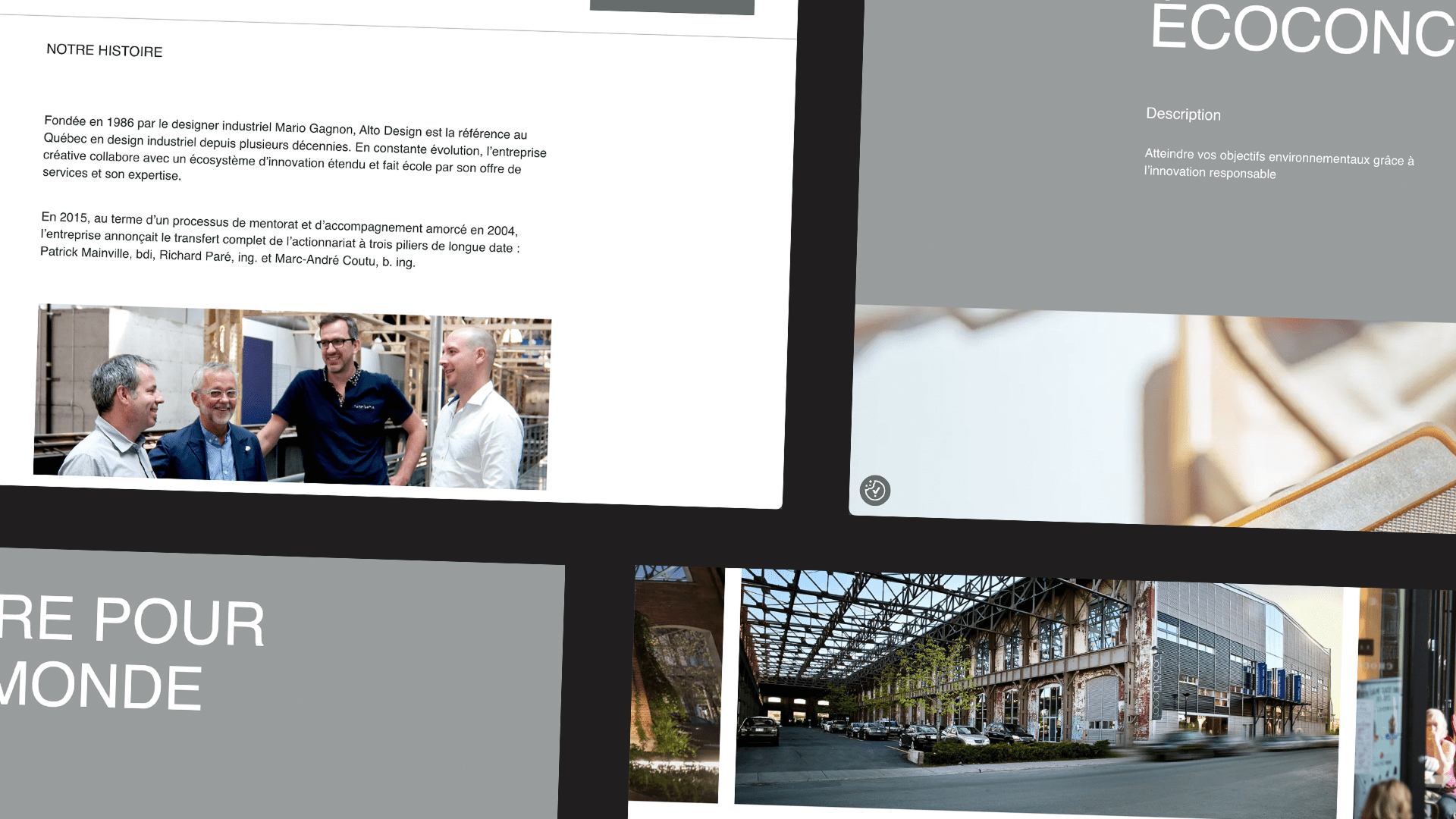 Four overlapping website sections display text, a group photo of four men talking indoors, and an exterior shot of a renovated industrial building with large windows and greenery.
