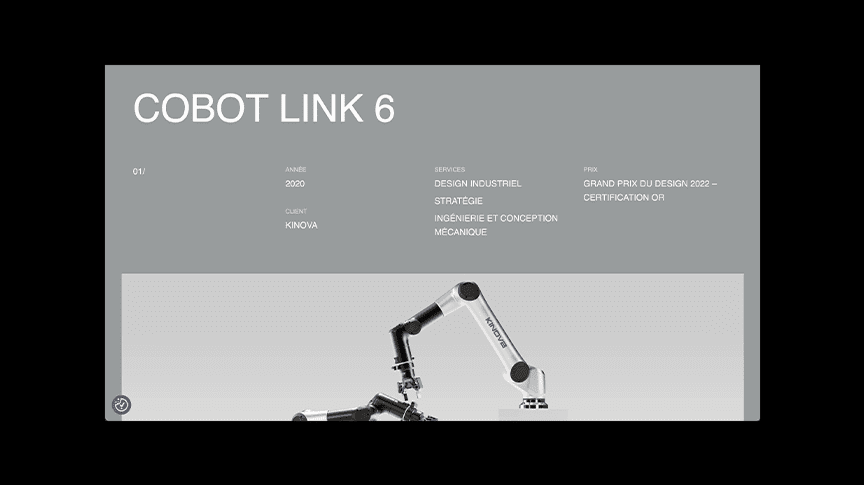 A sleek robotic arm labeled COBOT LINK 6 is displayed against a gray background, with details about its industrial design, strategy, and a 2022 design award listed above the image.