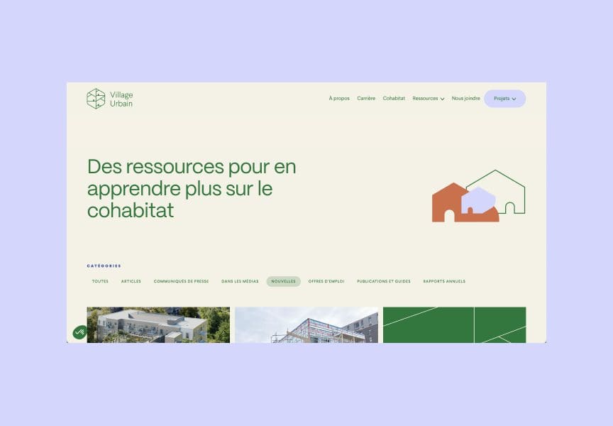 Capture d'écran d'un site web appelé Village Urbain sur fond clair. Le titre principal est "Des ressources pour en apprendre plus sur le cohabitat" en vert. Des icônes de maisons colorées se trouvent à droite.