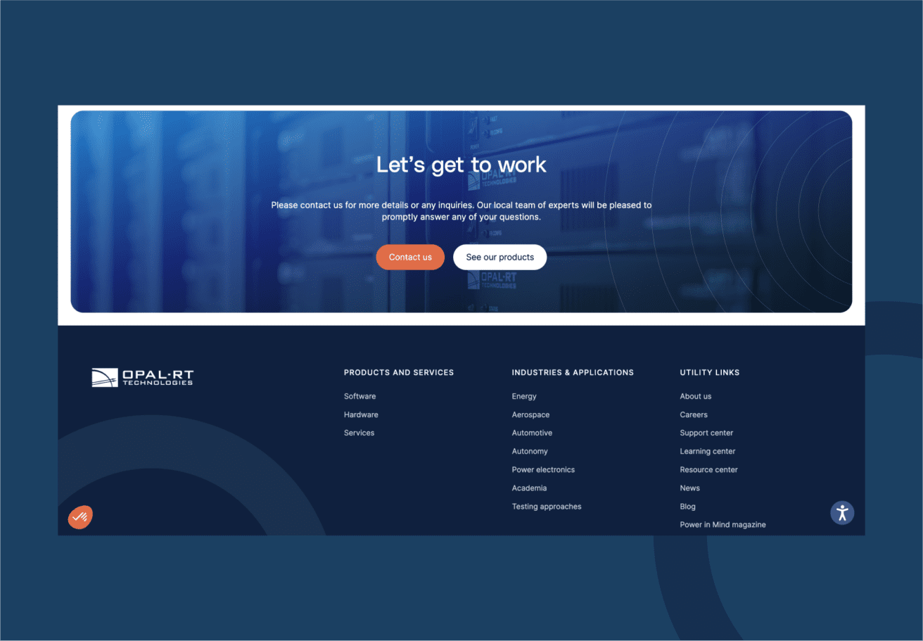 A website contact section with a blue background, white text saying Let’s get to work, and orange and white buttons labeled Contact us and See our products. The footer has company info and navigation links.