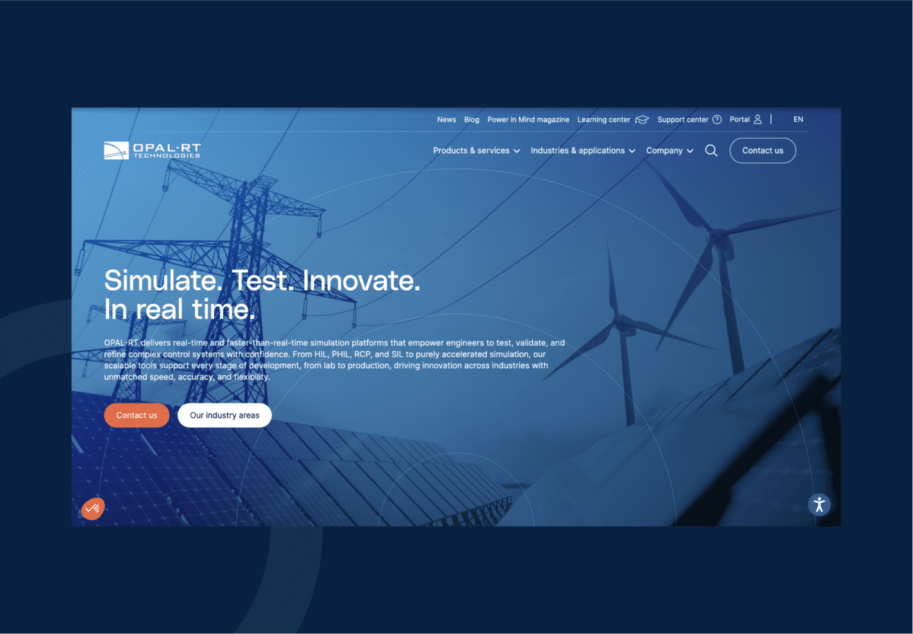 Website homepage for OPAL-RT Technologies featuring a blue overlay, wind turbines, and solar panels. Text reads: Simulate. Test. Innovate. In real time. with navigation menus and “Contact us” button visible.