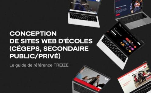 French text promoting school website design services for CEGEPs and secondary schools, with images of various school websites displayed on six laptop screens against a black background.
