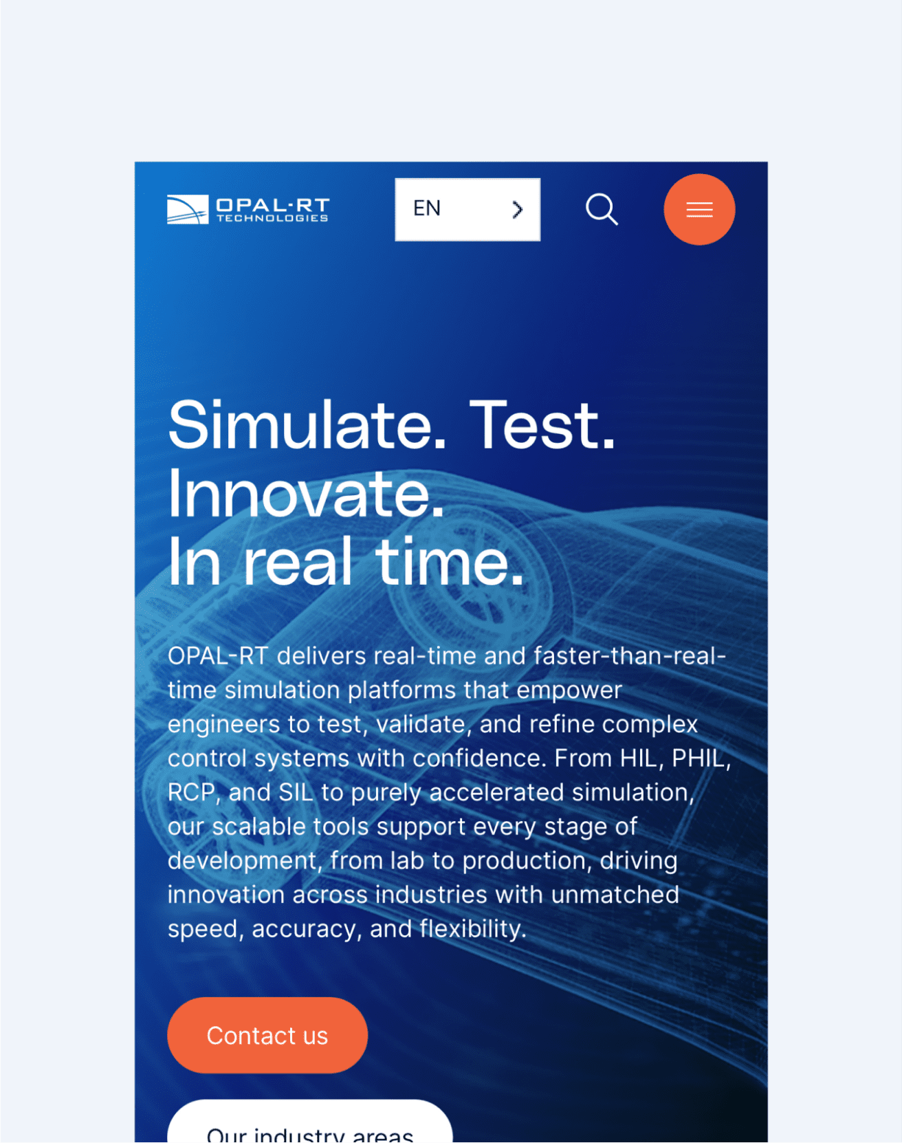 A mobile webpage for OPAL-RT Technologies features a blue background with wave patterns, the OPAL-RT logo, a language dropdown, menu icon, and text promoting simulation, testing, and innovation in real time.