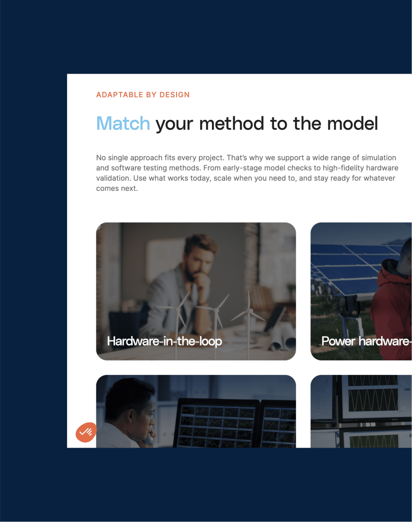 A webpage section titled Match your method to the model features three photos labeled Hardware-in-the-loop, Power hardware, and an unseen third option. Each image shows people working with technology and equipment.