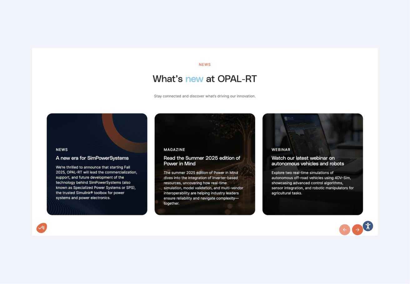 A webpage section titled What’s new at OPAL-RT displays three updates: SimPowerSystems news, a magazine release, and an upcoming webinar. Each update is in a separate box with brief descriptions and icons.