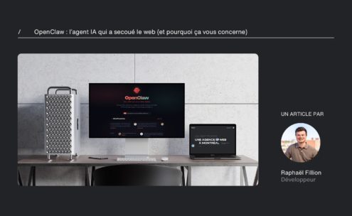 A modern desk with a desktop computer, laptop, and Mac Pro displaying the OpenClaw website. On the right, a circular photo of Raphaël Fillion with text: UN ARTICLE PAR Raphaël Fillion, Développeur.