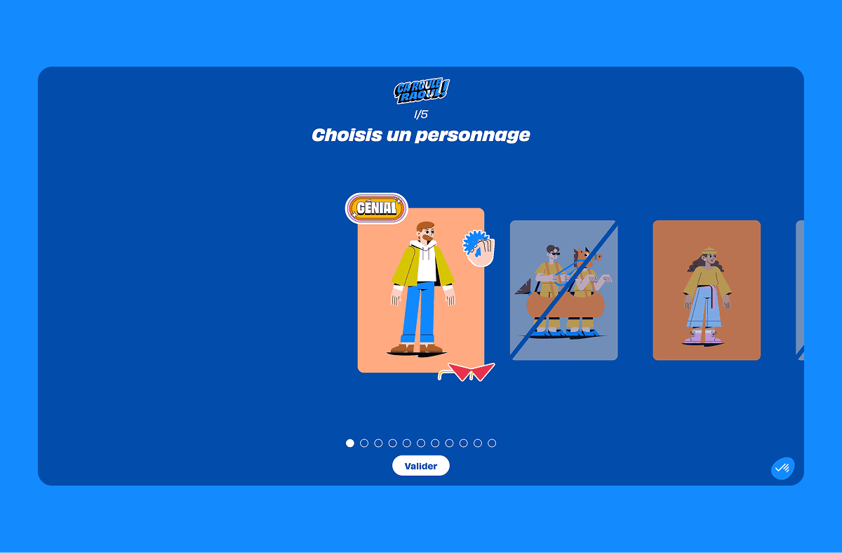 Écran de sélection des personnages du jeu Carqueiranne, affichant le message Choisis un personnage ainsi qu'une sélection de personnages illustrés.