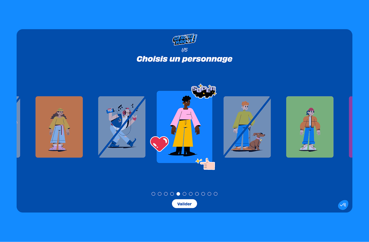 Écran de sélection des personnages du jeu Carque Raou, affichant cinq avatars illustrés avec un bouton Valider en bas.
