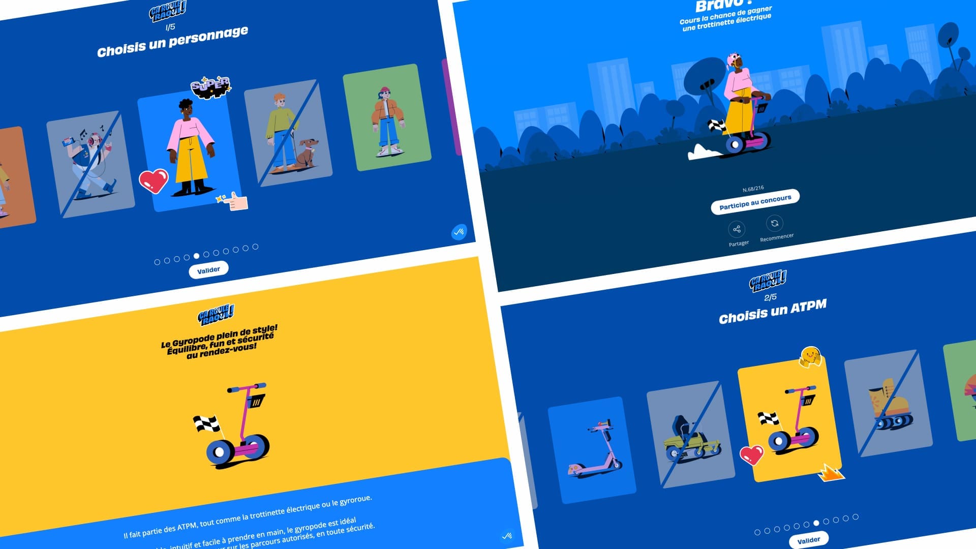 Un collage d'images du jeu présentant les menus de sélection des personnages et des trottinettes électriques, avec des textes d'interface en français.