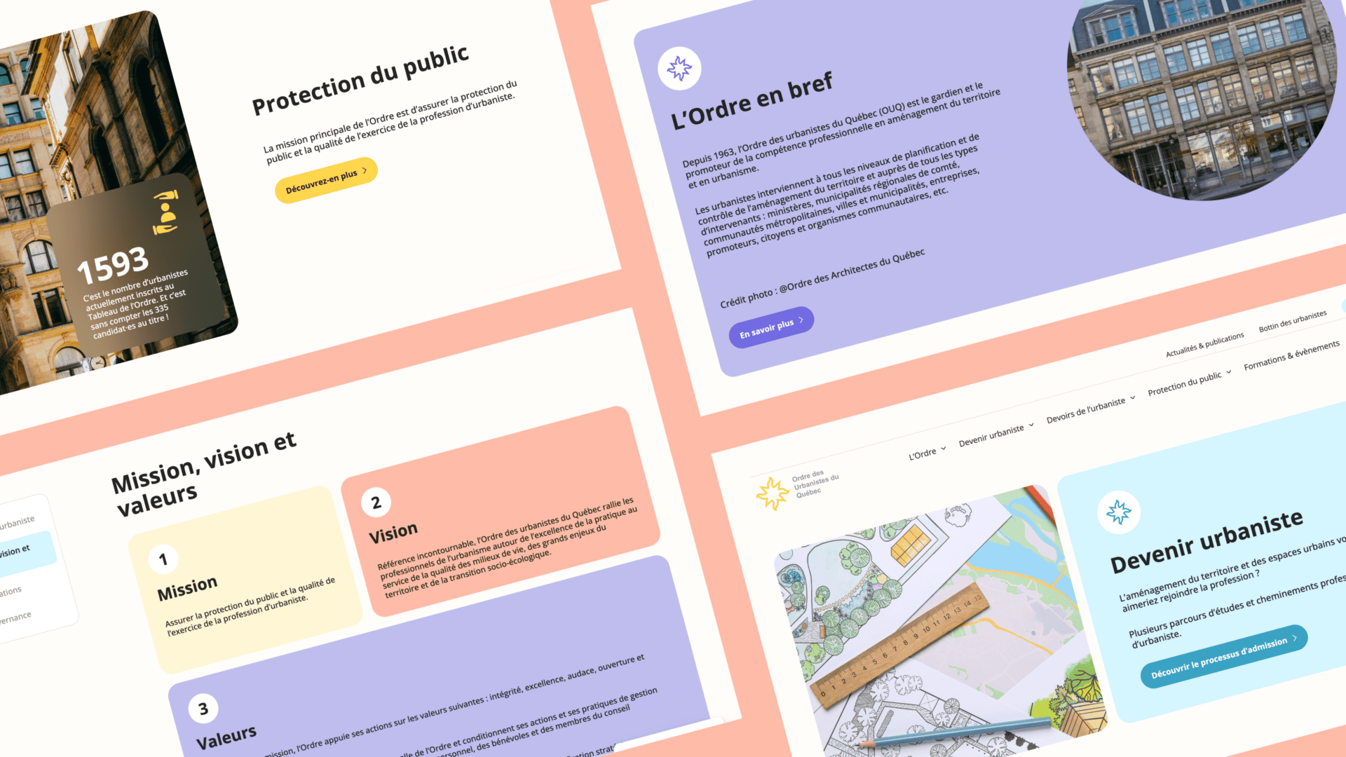 Collage de rubriques d'un site web en français, comprenant des encadrés de texte, des photos de bâtiments, des illustrations et des blocs segmentés aux couleurs pastel, décrivant la protection civile, la mission, la vision, les valeurs et l'urbanisme.