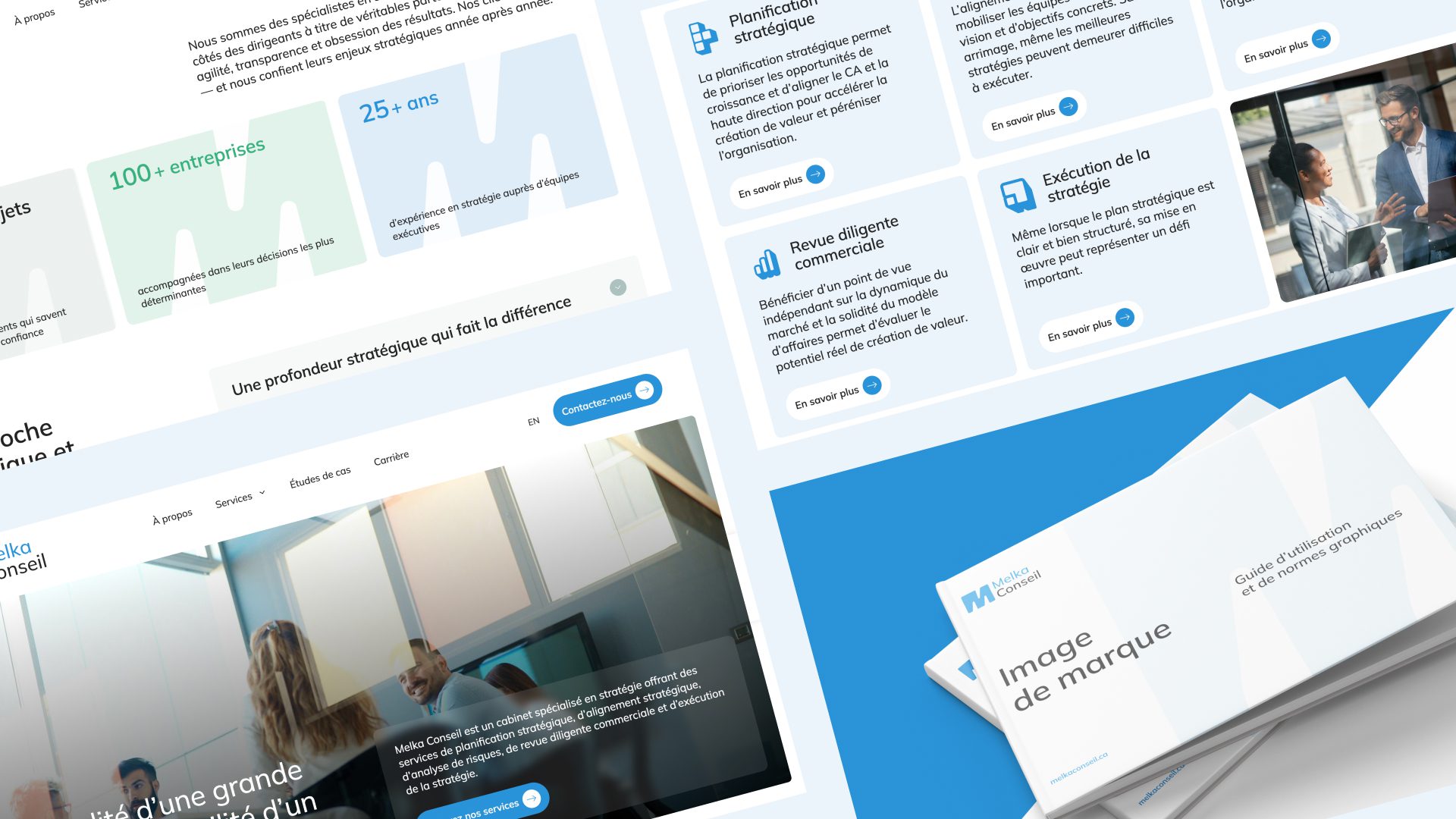 A clean, modern website and brochure design featuring blue and white colors, business-related icons, and professional images of people meeting. The text highlights strategic planning and brand image consulting services.