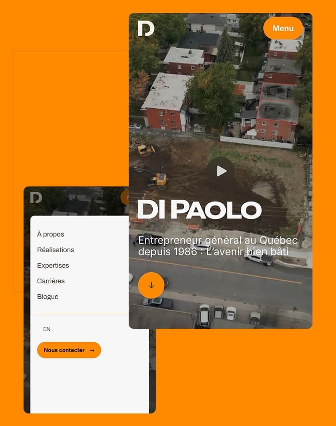 Affichage du site mobile avec une photo aérienne d'un chantier, le texte « DI PAOLO » superposé, un menu de navigation et un bouton de lecture. L'arrière-plan et les boutons sont orange et blancs.