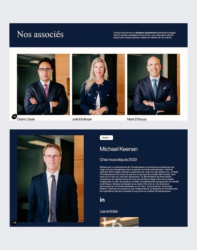 Une page web présente les profils de quatre professionnels en tenue professionnelle, chacun dans un portrait individuel, avec leur nom et une brève description à côté ou en dessous de leur photo, le tout sur un fond moderne bleu et blanc.