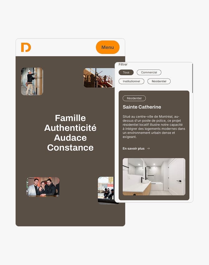 Conception d'un site web mobile en français mettant en avant des valeurs telles que « Famille » et « Authenticité ». Comprend un filtre de projets et une description des projets résidentiels accompagnée de photos d'intérieur, ainsi qu'un bouton de menu jaune en haut de la page.