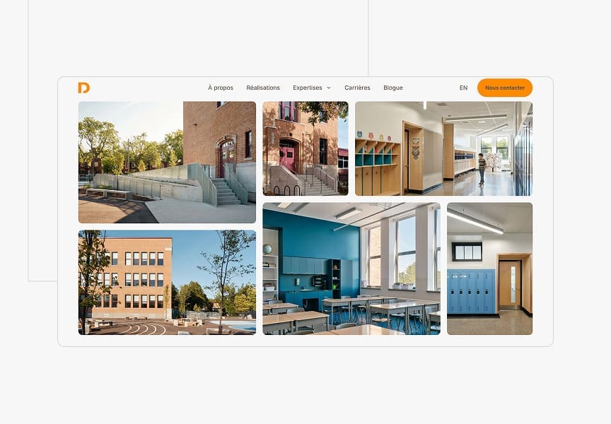 Un collage présentant les extérieurs et les intérieurs d'un établissement scolaire moderne, comprenant des salles de classe, des couloirs équipés de casiers et des espaces extérieurs, caractérisés par des lignes épurées et un éclairage naturel.