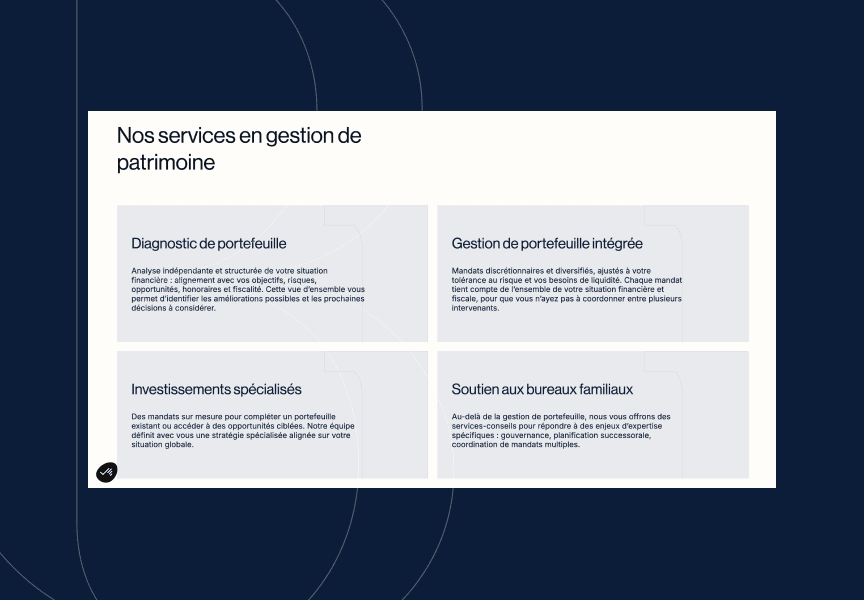Un tableau en français présente quatre services de gestion de patrimoine : l'analyse de portefeuille, la gestion intégrée, les investissements spécialisés et l'accompagnement des family offices, le tout dans des encadrés blancs sur fond bleu foncé.