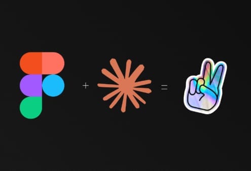 Figma logo plus an asterisk symbol equals a colorful peace sign sticker, all on a black background.