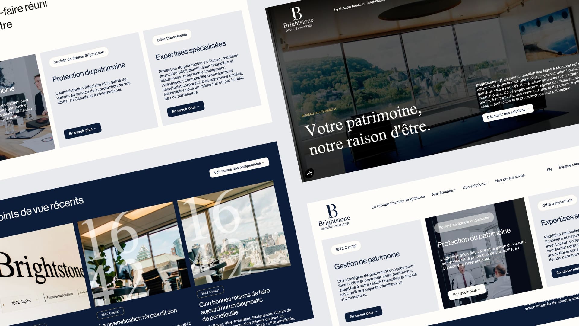 Maquette de site web pour Brightstone, comprenant des rubriques consacrées à la gestion de patrimoine, à l'expertise et à l'actualité. La mise en page se caractérise par des tons bleus et blancs, des polices modernes et des images de bureaux et de vues urbaines.