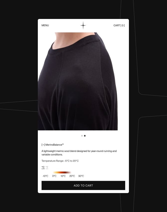 Un t-shirt noir à col rond et manches longues, vu de profil, avec les détails du produit, notamment un tableau indiquant la plage de températures couverte par la technologie MerinoBalance.