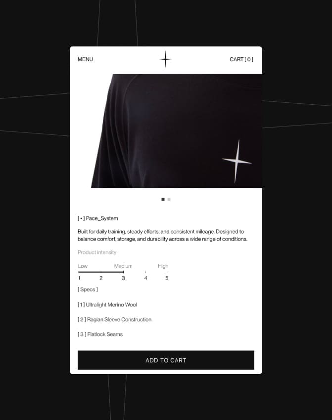 Page produit consacrée à un t-shirt à manches longues Pace_System noir, présentant ses caractéristiques, notamment la laine mérinos ultralégère, les manches raglan et les coutures plates, avec un bouton Ajouter au panier.