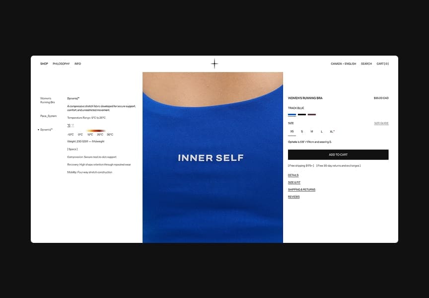 Page produit consacrée à une brassière de course à pied bleue pour femme, portant l'inscription INNER SELF imprimée sur le devant, avec sélection de tailles et options d'achat.