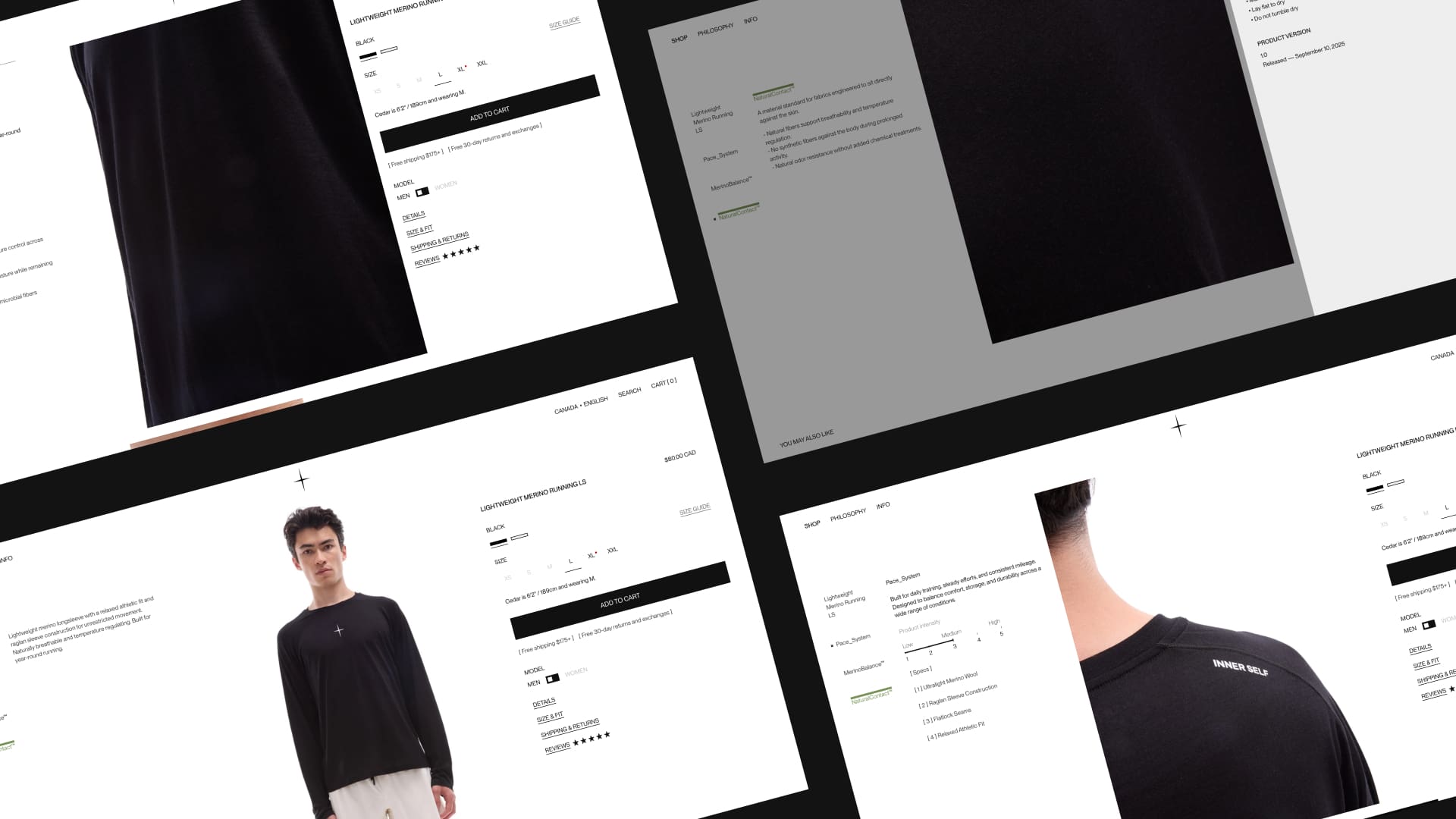 Un collage sur la page produit d'un t-shirt de course à manches longues Lightweight Merino noir, présentant l'article porté par un mannequin, les options de taille et les caractéristiques techniques du produit.