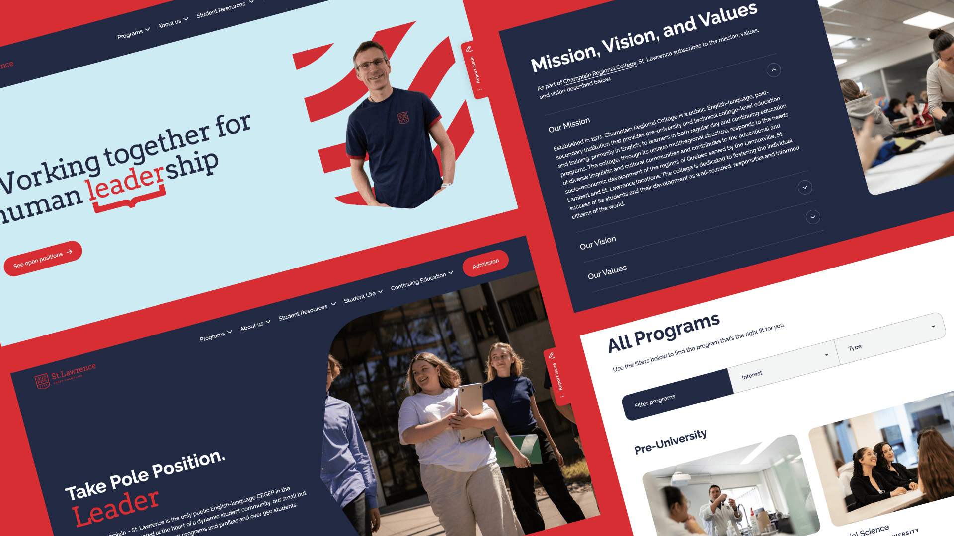 A collage of website screenshots featuring a man in a branded t-shirt, students walking, a group discussion, and website sections about leadership, mission, vision, values, and available programs. The design uses red, blue, and white colors.