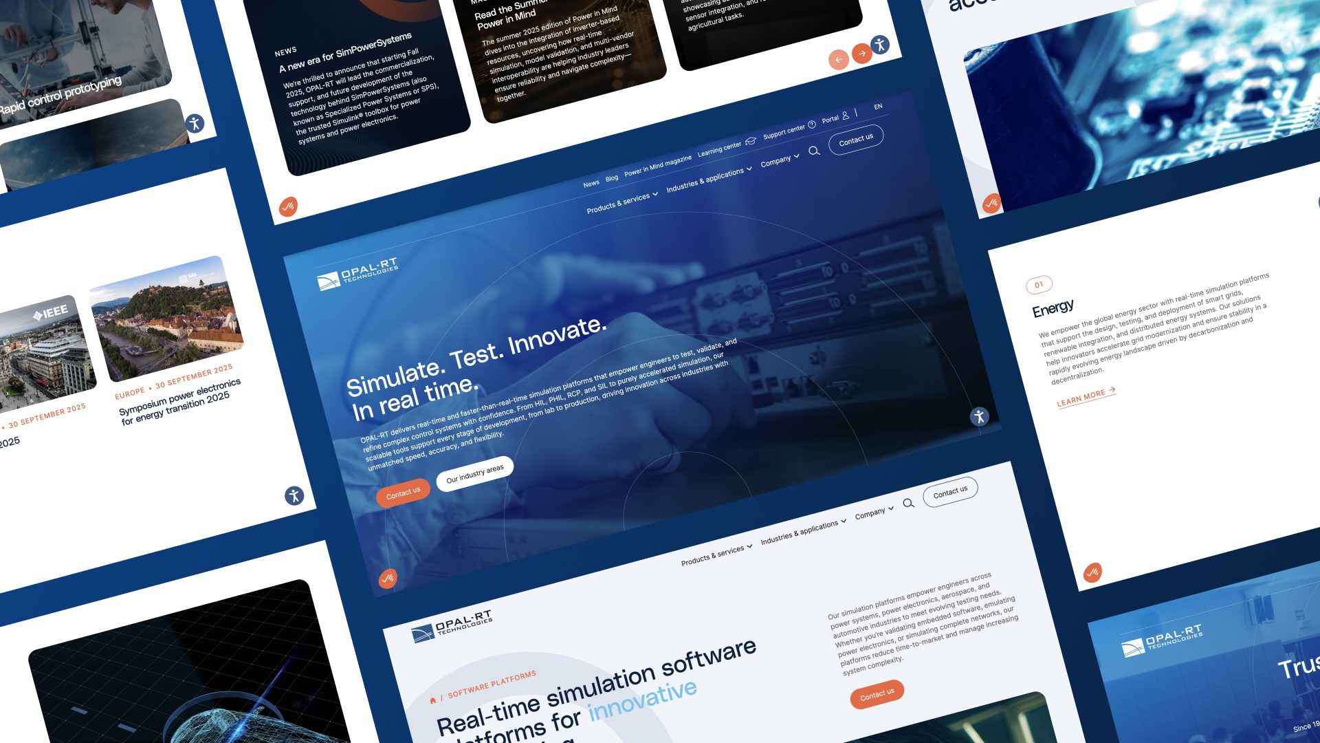 Un collage de captures d'écran de sites web présente une page centrale bleue avec le texte "Simuler. Testez. Innover. En temps réel", entourée d'autres pages web présentant des thèmes liés à la technologie et à l'innovation.